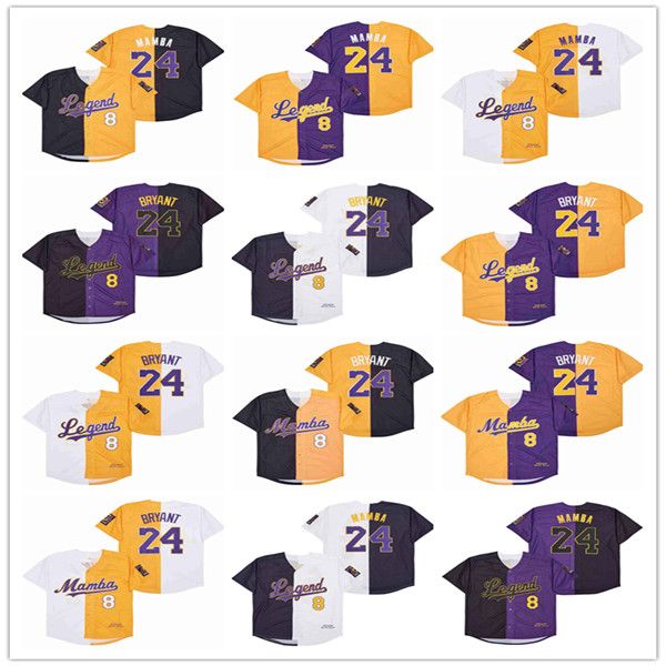 Homme 1978-2020 Mamba Legends 8 24 Maillots de baseball Bryant Noir Blanc Jaune Bleu Violet Split Chemises alternatives