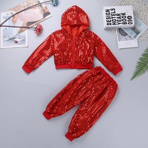 Nouveaux enfants Girls Hip-hop Jazz Dance Costumes Shiny Sequins Street Dancing Clothes Kids Long manches à capuche Tops à capuche avec ensembles de pantalons