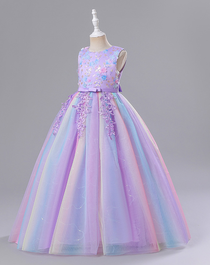 Nieuwe kinderjurk Princess Rok Girl Mesh Gaze Performance Jurk Bruiloft Floem Kind kleurrijke jurk 2023