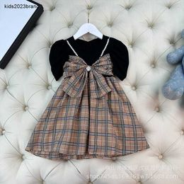 New Children's Girls Summer Loison Collier à plaid à manches courtes à manches Bow College Style Princess Robe