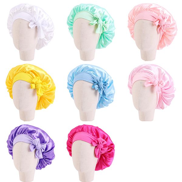 Nouveau bonnet rond en satin pour enfants bonnet de soin des cheveux élastique à la mode et confortable bonnet de nuit à lacets long Streamer