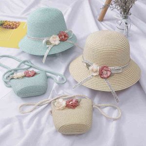 Nieuwe Kinderen Stro Hat Dame Kleine Schoudertas Tweedelig Meisje Baby Big Brim Bloem Bucket Cap G220301