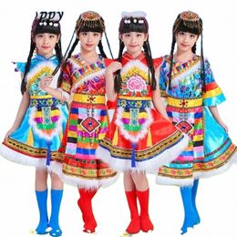 Nouveaux enfants Costumes de danse tibétaine Costumes de minorité Costumes de scène du nouvel an tibétain Filles et enfants P9JB #