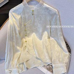 Nieuwe Chinese Kunstzijde Jacquard Wit Shirt Vrouwelijke Niche Tang Kostuum Nationale Stijl Lange Mouw Gesp Opstaande Kraag Top Herfst
