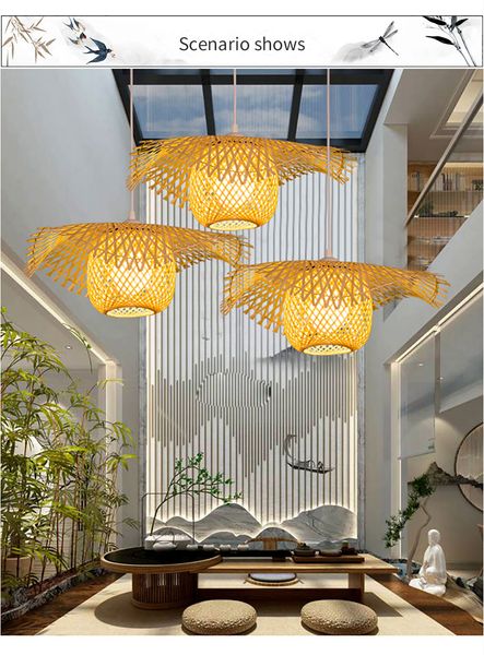 Nuevo tejido de bambú chino, mimbre, tapa de sombra, lámpara de techo E27, lámparas, linternas, lámpara para sala de estar, hotel, restaurante, pasillo