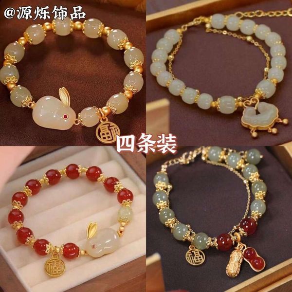 Nuevo candado chino de larga vida para mujeres Ins alta belleza estudiante Handstring Friendly Gu Fengsheng pequeño regalo pulsera de conejo de Jade