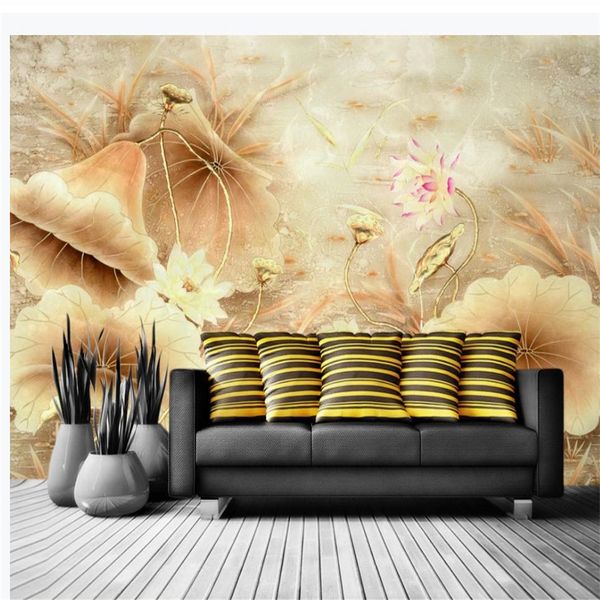 Nouveau Papier peint Stéréoscopique de style 3D de style chinois Lotus Fond d'écran TV Contexte de la décoration murale peinture