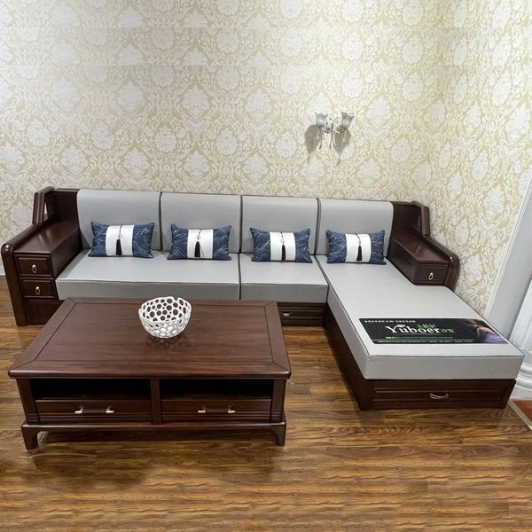 Nuevo estilo chino, combinación de sofá de madera maciza, sala de estar Zen, villa de gama alta, muebles de almacenamiento de madera tallada Ugjin