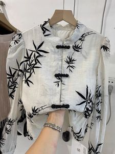 Chemise en mousseline de soie à manches longues pour femmes, nouveau style chinois imprimé en bambou, boutonné, produits européens