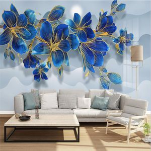 Nuevo estilo chino azul línea dibujo flor moda magnolia paisaje luz lujo fondo pared personalizado mural