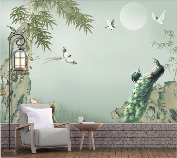 estilo de flores y pájaros pintados a mano nueva de bambú chino decorativo de pared pintura del papel pintado 3D paisaje