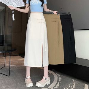 Nieuwe Chinese stijl licht Chinese stijl half rok voor dames zomer 2024 nieuwe middelste lengte button up split a-line billen rok