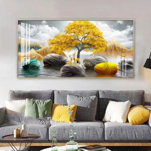 Nouveau style chinois moderne Résumé Gol Deer Tree Stone Luxury Paint décoratif Affiches toile imprimés Mur Art pour le salon