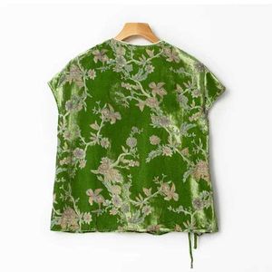 Nouvelle chemise imprimée à lacets verts à manches vertes à manches courtes chinoises