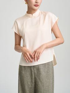 Nieuwe Chinese stijl Stand Up-kraag knop Azijnzuur T-shirt voor dames 2024 Zomer Satijn comfortabel silhouet, slanke en elegante korte top