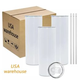 US/CA voorradig 20oz sublimatie bekers blanks witte rechte slanke dubbelwandige thermosflessen water geïsoleerde automokken met plastic deksel en rietje