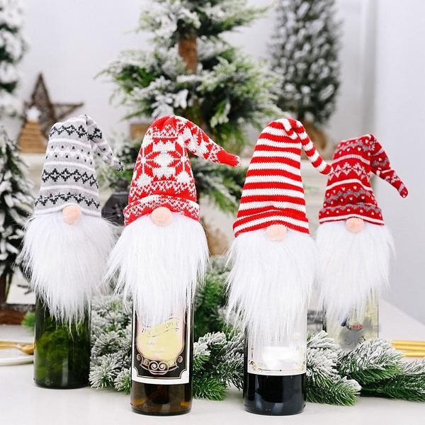 Nuevas decoraciones navideñas cubierta de vino decoración de botellas de vino sombrero de punto bosque viejo juego de vino muñeca sin rostro RRB16581