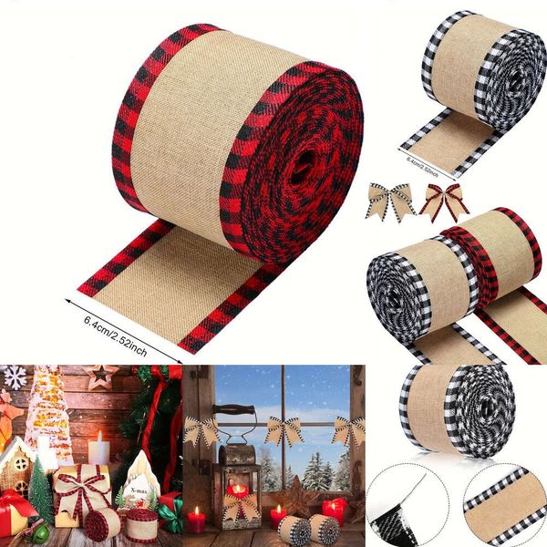 Nouvelles fournitures de jouets de Noël, 1 rouleau de 6 m de ruban à carreaux de buffle de Noël, ruban d'emballage en tissu de jute pour arbre de Noël, ruban d'emballage avec bord à carreaux