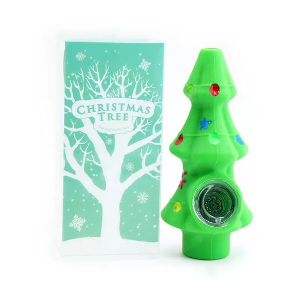 Nuevo árbol de Navidad gel de sílice pipa para fumar material alimentario pipa de fácil limpieza con recipiente de vidrio accesorios para cigarrillos de silicona pipas de agua al por mayor