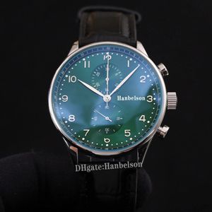Nieuwe chronograaf herenhorloge VK quartz zilver stalen kast zwart leer vouwsluiting groene sporthorloges