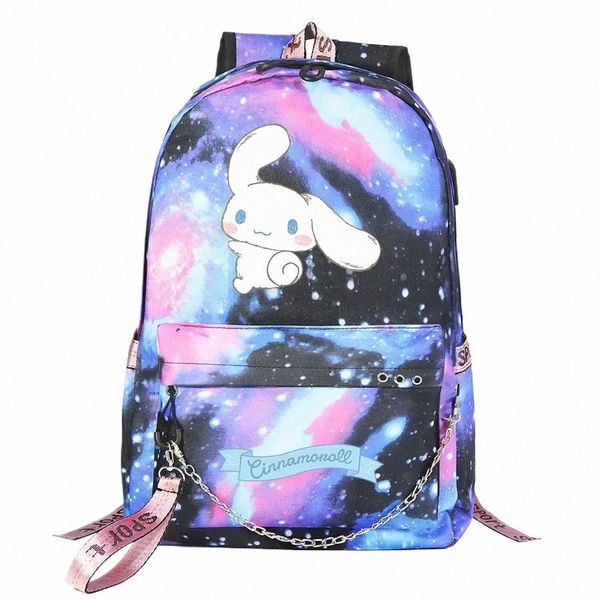 Nuevo Cinnamoroll Niños Niñas Niños Bolsas de libros escolares Mujeres USB Cadena Mochila Lona Hombres Laptop Bagpack Packsack Bookbag e8vE #