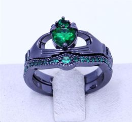 Nuevo claddagh anillo de la piedra de nacimiento anillos de boda de joyas juego para mujeres verde 5a circón cz anillo de fiesta femenino de oro negro 4162185