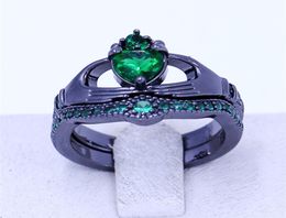 Nuevo anillo de claddagh anillo de joyas de piedra de nacimiento anillos de boda juego para mujeres verde 5a circón cz anillo de fiesta femenino de oro negro 3712135