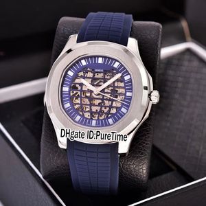 NIEUWE KLASSIEKE 5711 Steel Case Blue Skeleton Globe Dial A2813 Automatische Mens Horloge Blauw Rubber Sport Horloges Goedkope Puretime P306B2