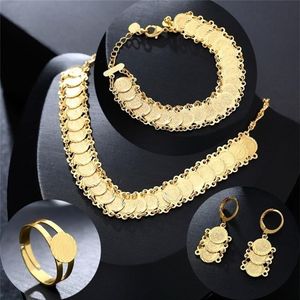 Nieuwe Klassieke Arabische Sieraden sets Goud Kleur Ketting Armband Oorbellen Ring Midden-oosten voor vrouwen Coin Bijoux 201222291g