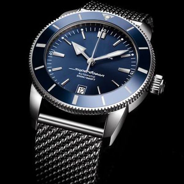 Nouveau classique maille bracelet en acier Super-océan hommes montres 44MM cadran bleu automatique montre mécanique hommes montres