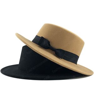 Nouveau classique couleur unie feutre Fedoras chapeau pour hommes femmes laine artificielle mélange Jazz casquette large bord Simple église Derby plat haut chapeau