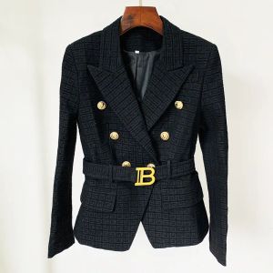 Nouveau style classique design original blazer pour femme motif labyrinthe double boutonnage chanvre coton jacquard blazers veste mince avec ceinture ceinture boucles en métal manteau vêtements d'extérieur