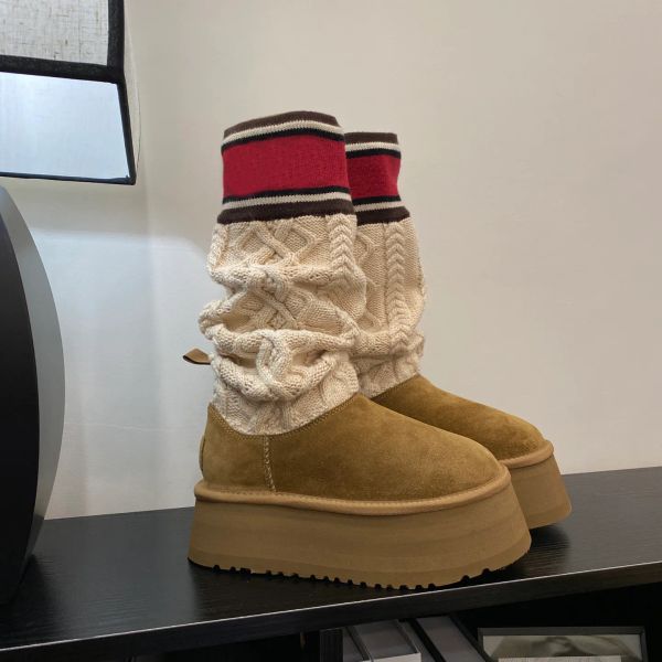 Nuevo suéter clásico Carta Botas altas Diseñador Mujer Invierno Bota apilable Moda Caliente Australia sobre la plataforma de la rodilla Botas para la nieve Botas ugglie de piel Zapatillas Tobillo