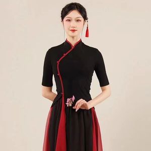 Nuevo vestido de baile clásico para mujer, vestido de entrenamiento con abalorio corporal de baile moderno negro para mujer, Top de manga corta Cheongsam de estilo chino