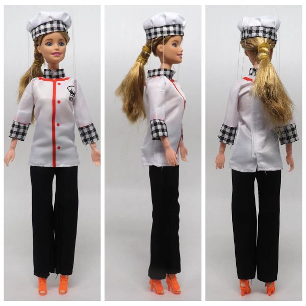 Ropa nueva para el sombrero de pantalones superiores de Barbie y Ken Chef 3 Pcs con 43pcs Herramienta de cocina Accesorios de alimentos Mini Artículos Dollhouse Toy