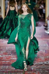 Nueva colección Vestidos de fiesta de color verde oscuro Zuhair Murad Manga larga Equipo Gasa Tren de barrido Ocasión formal Evento de noche Vestido de fiesta Q133
