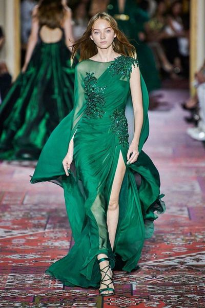 Nouvelle collection robes de bal vert foncé Zuhair Murad à manches longues en mousseline de soie balayage train occasion formelle soirée robe de soirée Q133