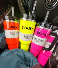 Nouvelle collection Électrique Rose 40oz Tumbler Jaune Orange Néon Vert QUENCHER H2.0 Gobelets En Acier Inoxydable Tasses avec Poignée Couvercle et Paille Hiver Rose Voiture Tasses i0326