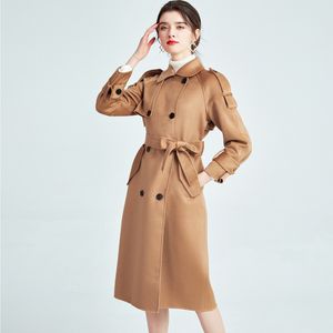 Nueva colección de abrigo de Cachemira doble para mujer, cuello vuelto, manga larga, abrigo informal de moda con doble botonadura y cinturón