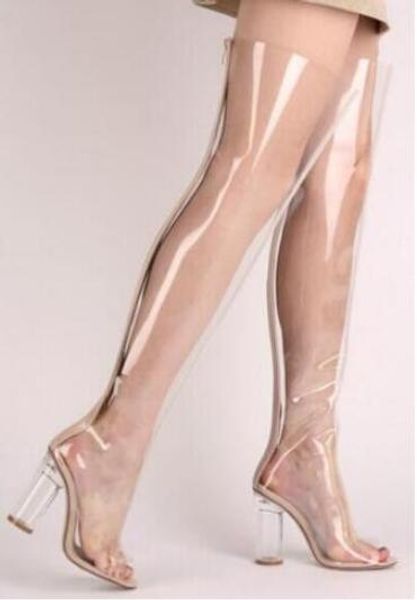 Nouvelles collections PVC transparent sur le genou bout pointu femmes bottes talons hauts transparents gladiateur cuissardes chaussures de célébrité