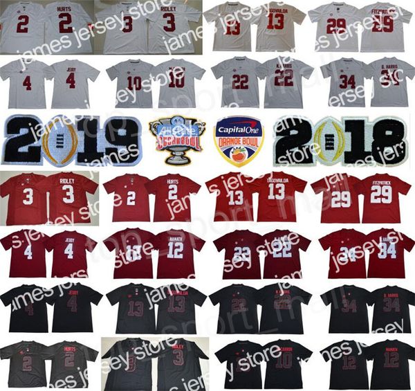 Nouveau football universitaire 2019 Alabama Crimson Tide Tua Tagovailoa Jersey Jerry Jeudy Damien Najee Harris Jalen Hurts Sugar Orange Bowl Rouge Noir