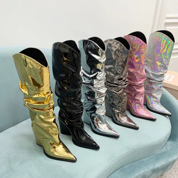 Cuissardes hautes en métal de nouvelle couleur, bloc épais, bout pointu, bottes mi-mollet pour femmes, chaussures de luxe de styliste, chaussures de fête à la mode, chaussures d'usine