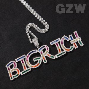 Nouveau collier pendentif coloré avec lettre initiale A-Z nom personnalisé personnalisé carré glacé zircon cubique pierre CZ or véritable 18 carats hiphop cristal bijoux à bricoler soi-même pour hommes femmes