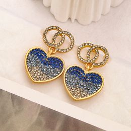 Nouveau diamant coloré coeur lettres boucles d'oreilles plaqué or 18 carats luxe coloré diamant Eardrop géométrique célèbre femmes sangle arrière boucle d'oreille bijoux cadeaux d'amour