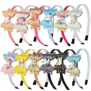 Kleurrijke Glitter Unicorn Bow Hoofband Kid Girl Rainbow Horse Hair Sticks Party Accessoires Gemengde Kleuren