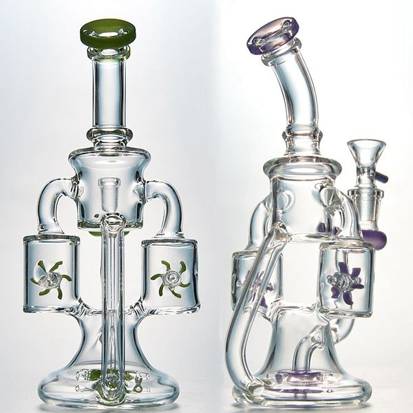 En stock Cachimbas Bongs de vidrio únicos Reciclador doble Bong Hélice Girando Perc Oil Dab Rigs Verde Púrpura Tubos de agua de 14 mm con tazón embriagador