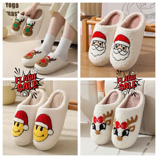 Nuevo Cómodo Hogar Lindo Dibujos animados Papá Noel Parejas Algodón cálido GAI suave Diseñador de Navidad Elk Encantador Grueso Felpa Unisex Invierno Zapatillas blancas 36-45