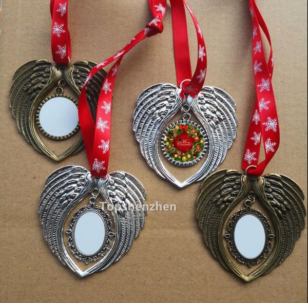 Blancs de sublimation Aile d'ange Ornement de Noël Pendentif Décoration de Noël Impression par transfert à chaud avec flocon de neige Corde rouge pour la fête de la Saint-Valentin