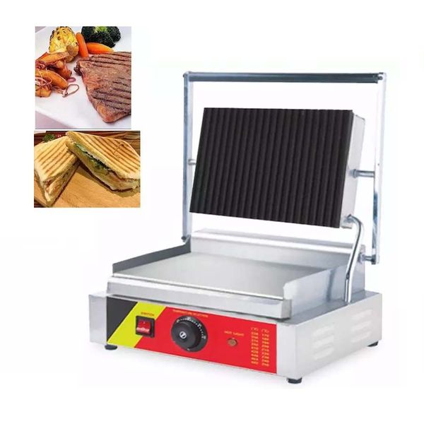 Nueva plancha eléctrica comercial, máquina para hacer sándwiches, equipo de aperitivos, placa de prensa de parrilla Panini de acero inoxidable, 110v, 220v