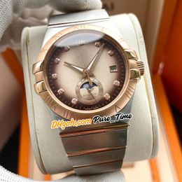 New Constellation 131.20.39.20.52.001 Brown Gradient Dial Autoamtic Reloj para hombre Moon Phase Two Tone Rose Gold Steel Relojes Pure_time 6Color